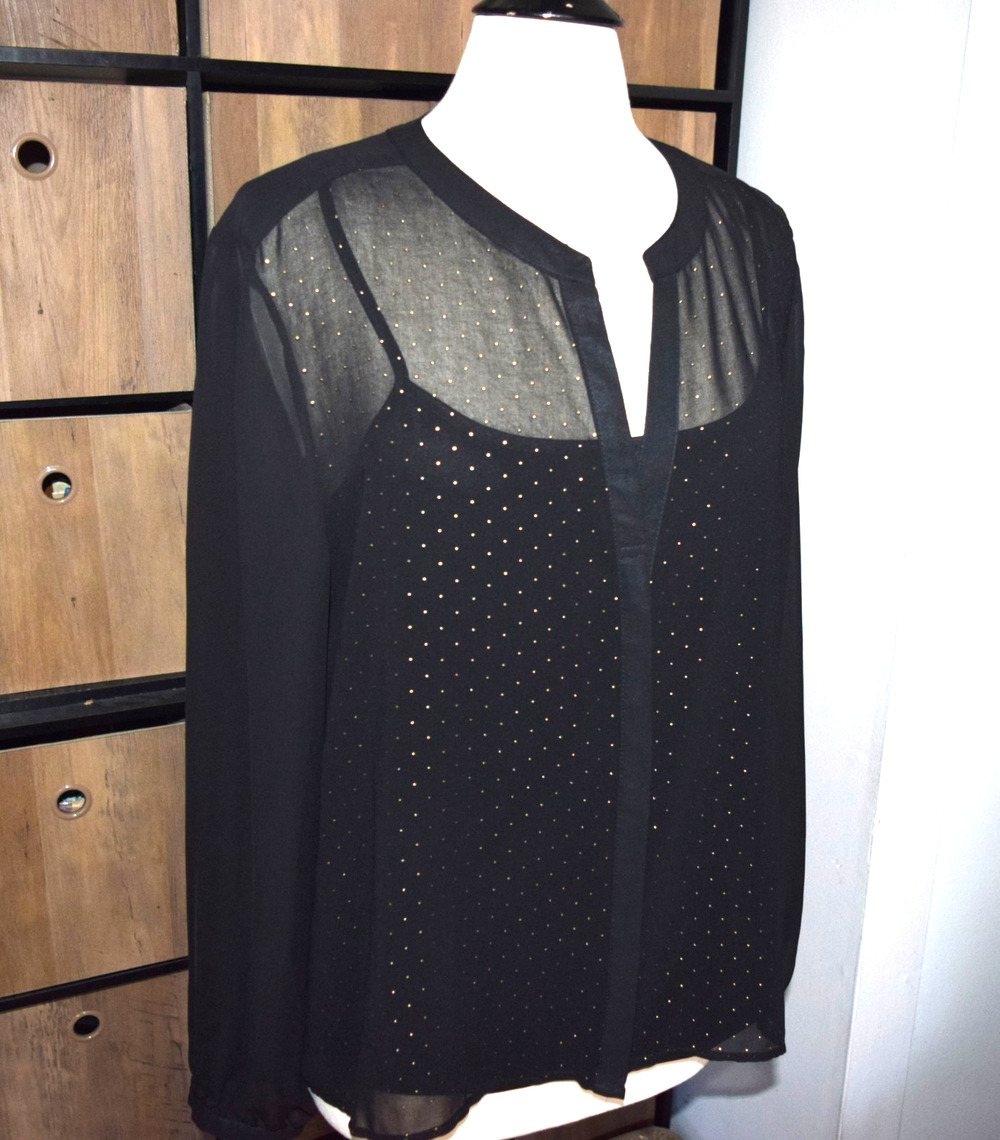 Covington Women’s Black Sheer Blouse XL Sparkle Studded Long Sleeve Dressy Top